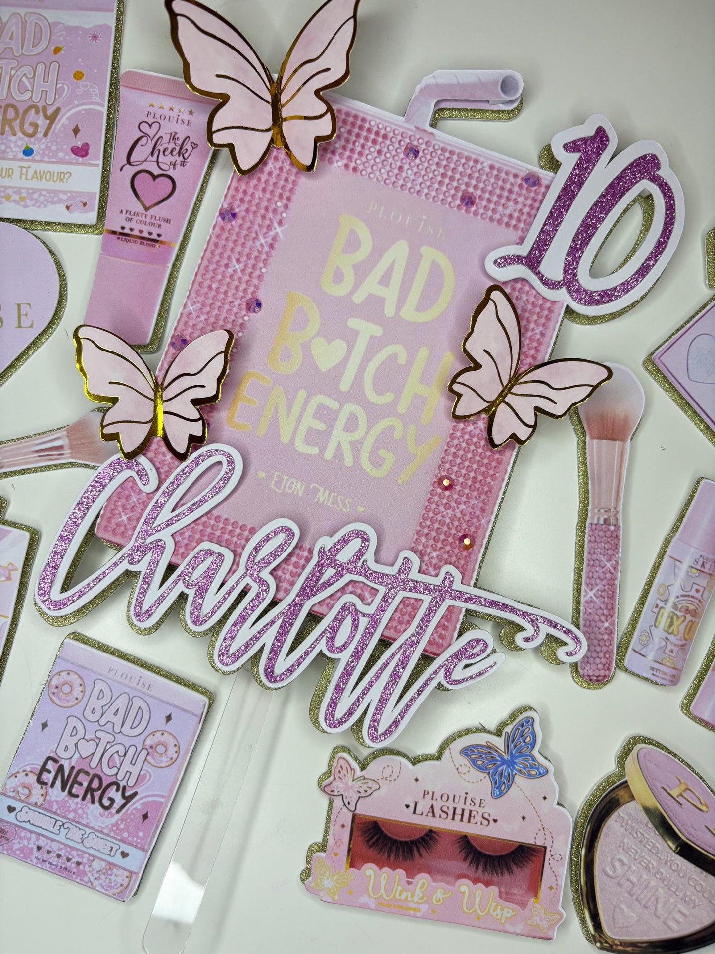 Pink Makeup Cake Topper and matching charm set | Birthday Party | Personalised | Bad B