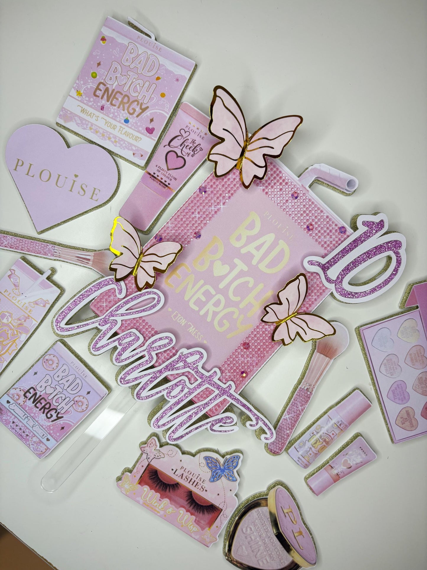 Pink Makeup Cake Topper and matching charm set | Birthday Party | Personalised | Bad B