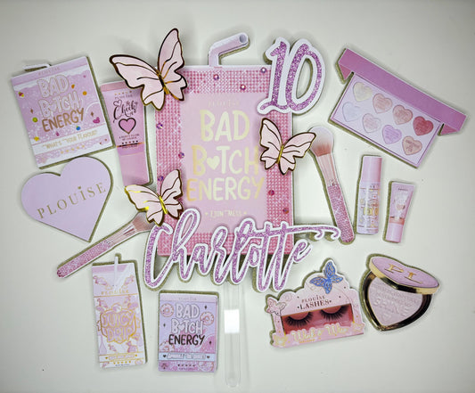 Pink Makeup Cake Topper and matching charm set | Birthday Party | Personalised | Bad B