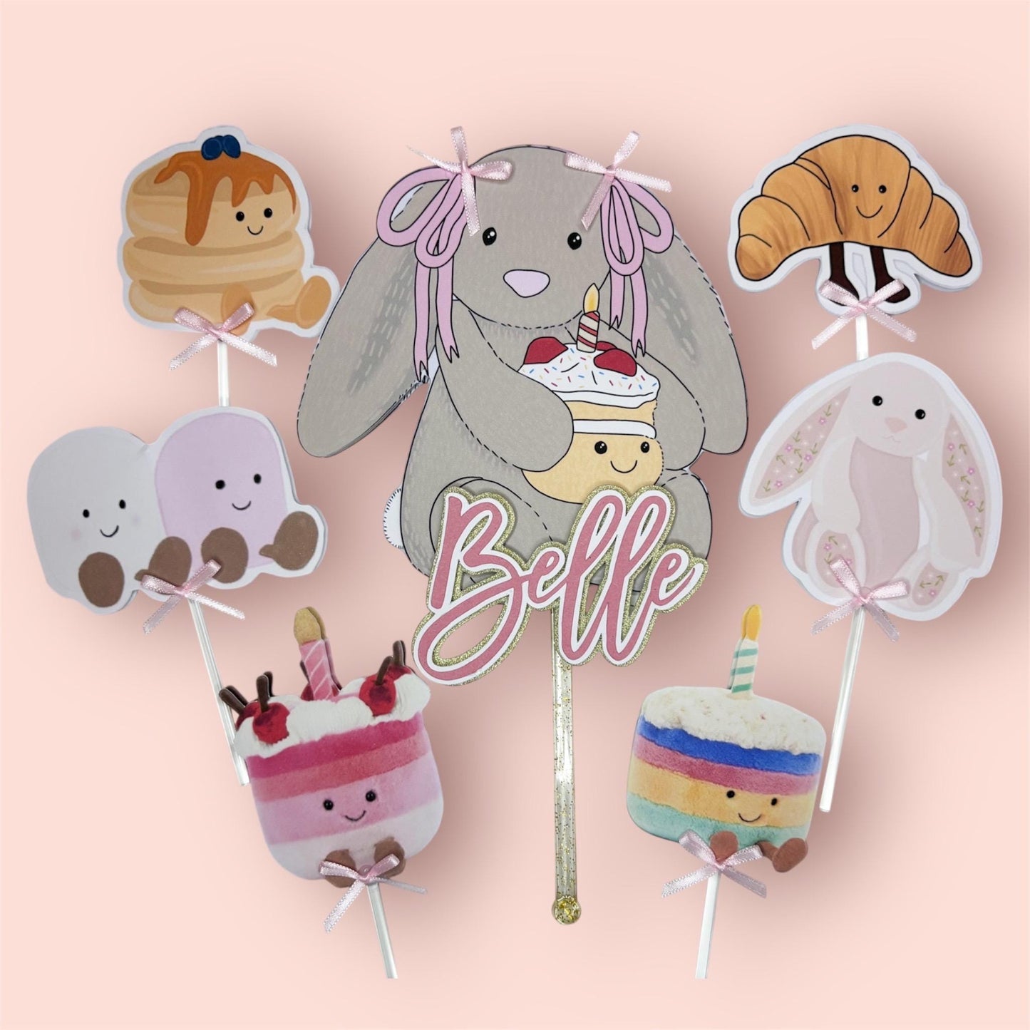 Bunny Cake Topper with matching Cupcake Toppers | Birthday Party | Personalised | Jelly cat